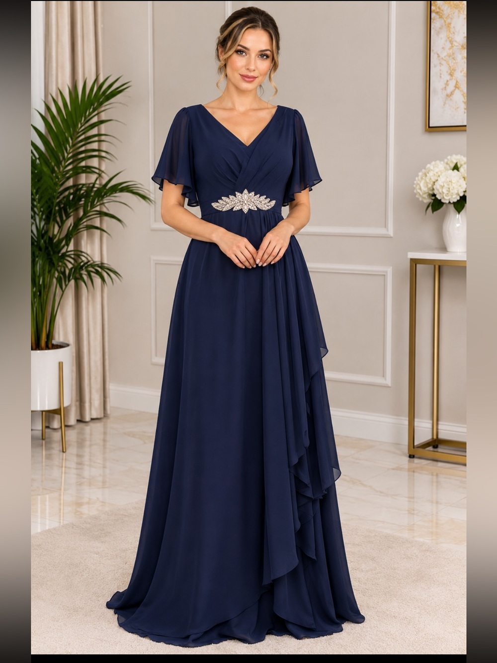 Navy V-Neck Maxi Dress with Beaded Waist